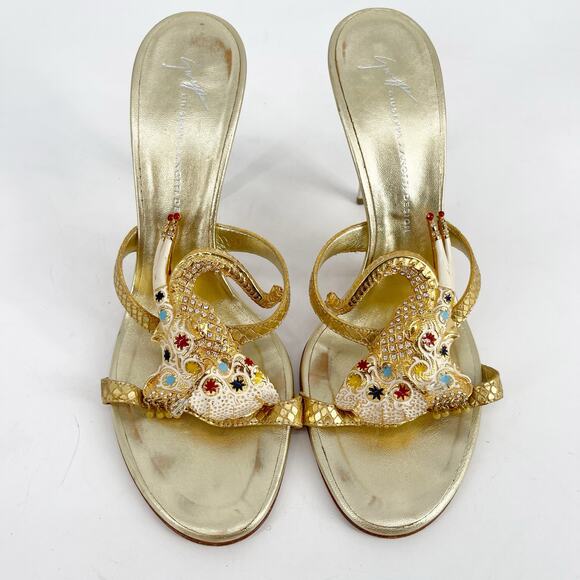 Giuseppe Zanotti Gold Crystal Embellished Elephant Metallic Heel Sandals IT 39 - Picture 5 of 13